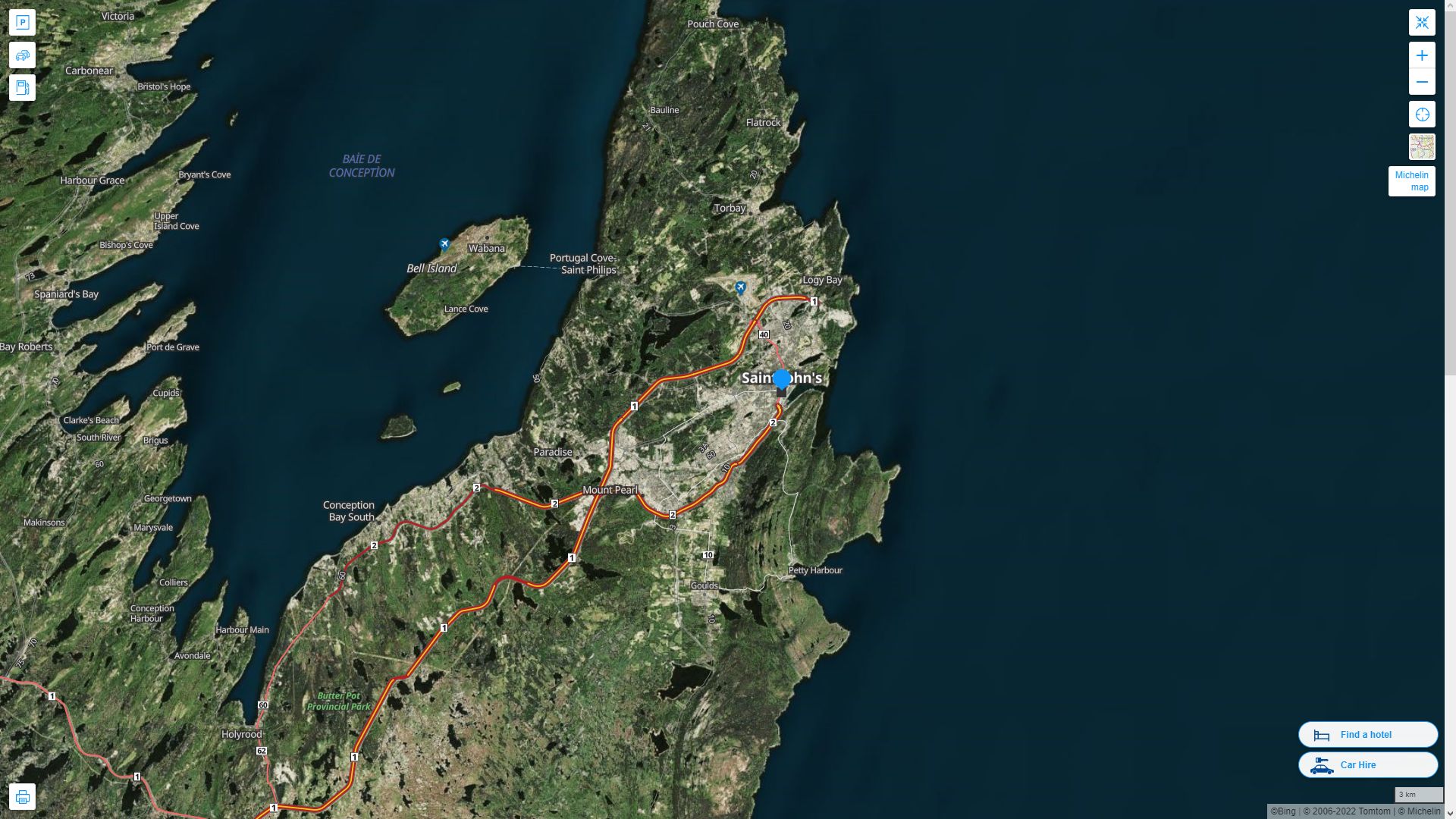 St. John's Canada Autoroute et carte routiere avec vue satellite